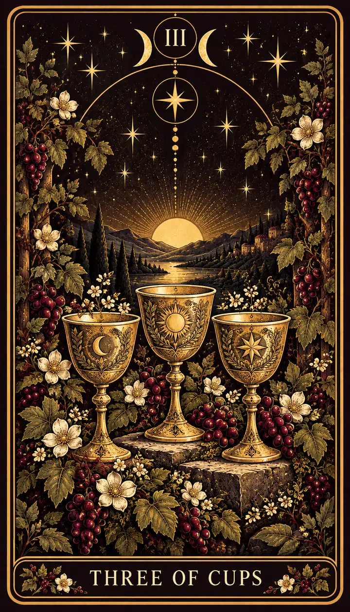 Three of Cups from the Gilded Garden deck