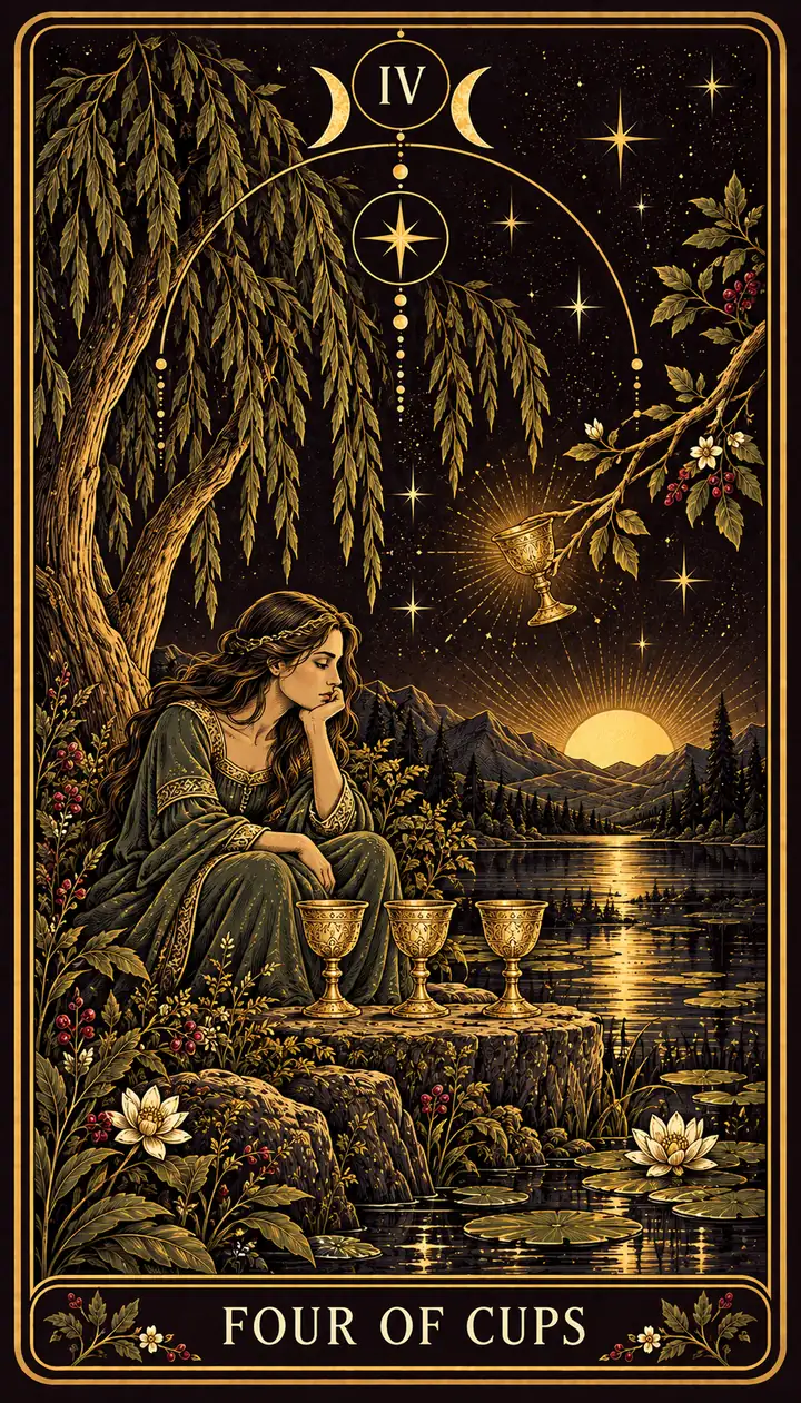 Four of Cups from the Gilded Garden deck