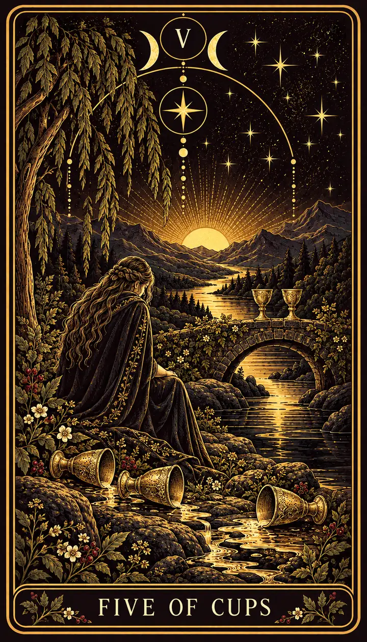 Five of Cups from the Gilded Garden deck