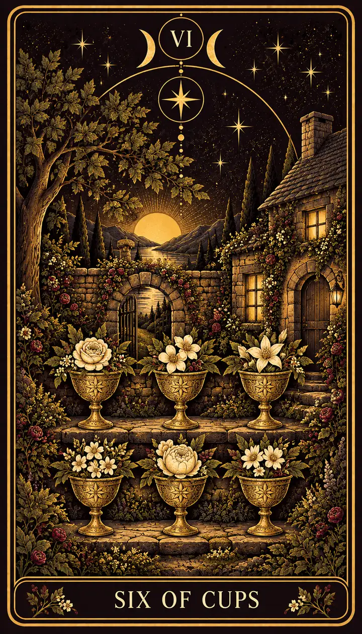 Six of Cups from the Gilded Garden deck