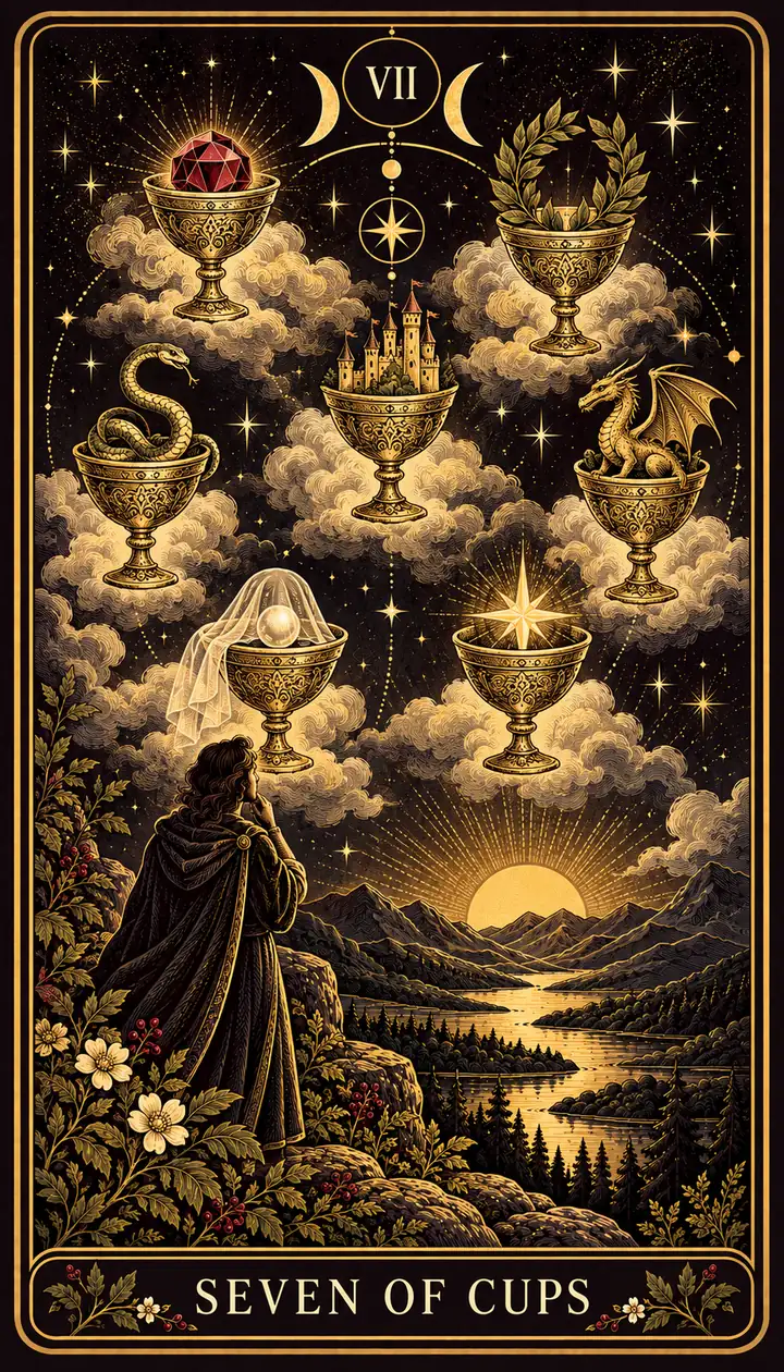 Seven of Cups from the Gilded Garden deck