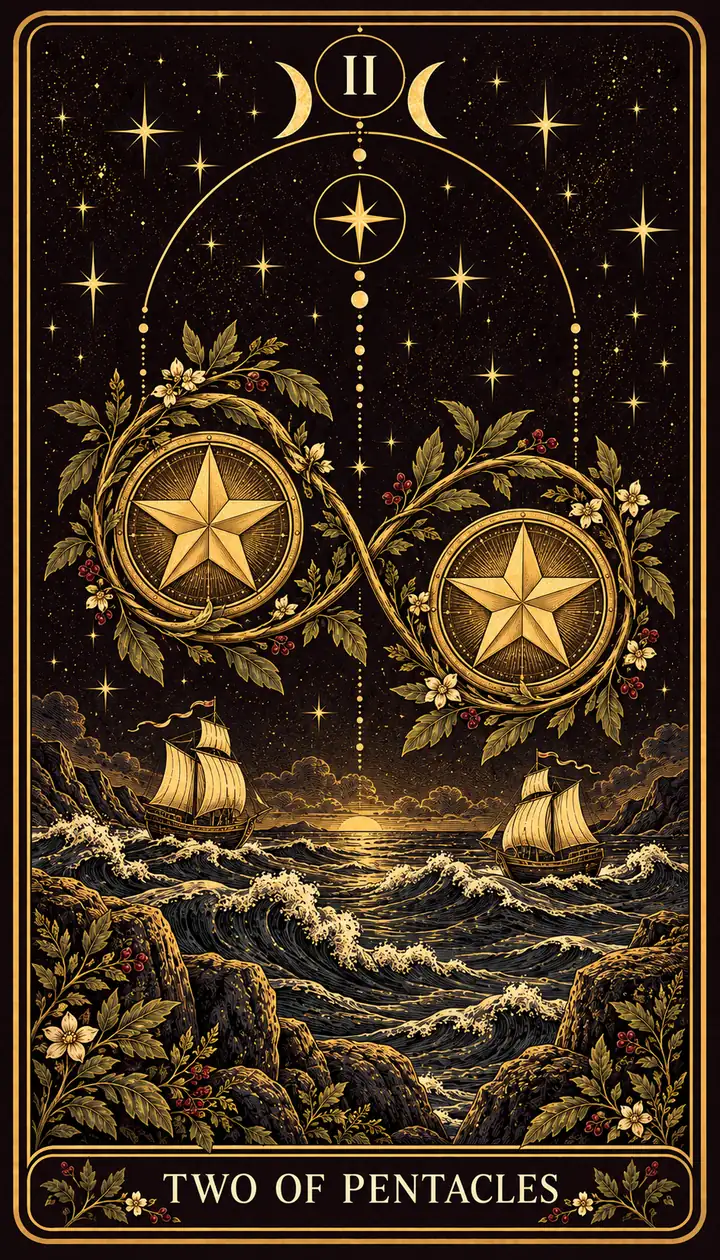 Two of Pentacles from the Gilded Garden deck