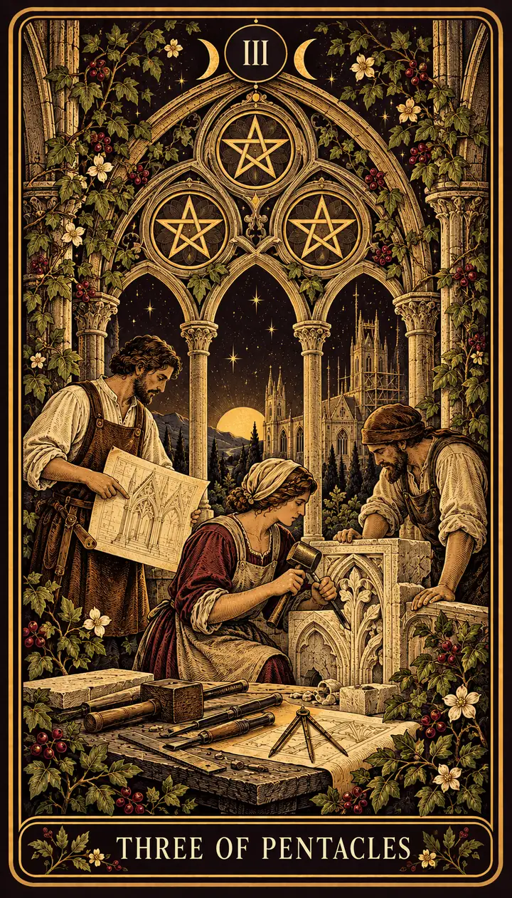 Three of Pentacles from the Gilded Garden deck