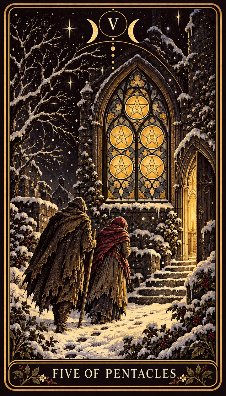 Five of Pentacles from the Gilded Garden deck