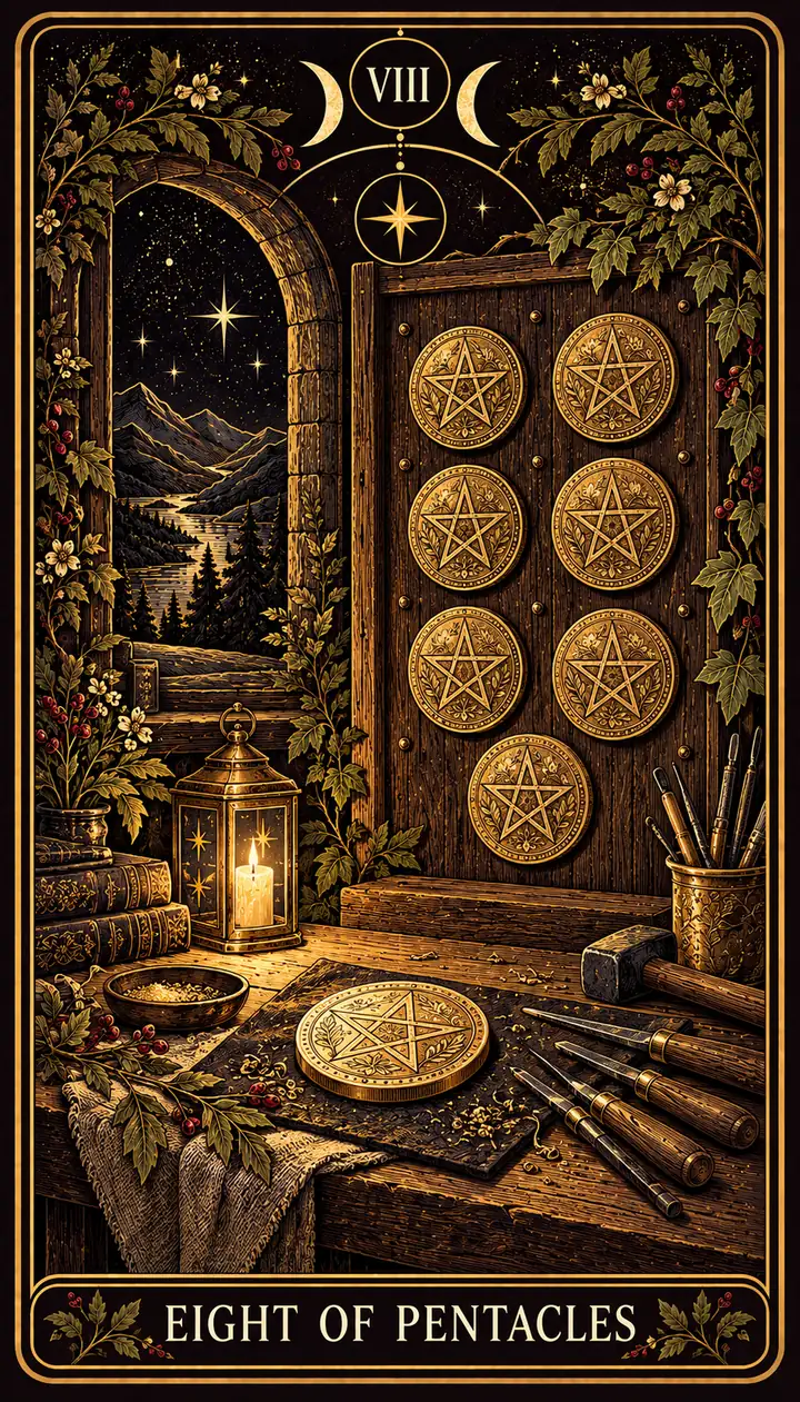 Eight of Pentacles from the Gilded Garden deck