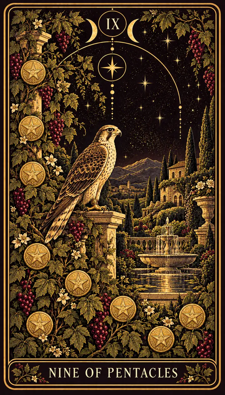 Nine of Pentacles from the Gilded Garden deck