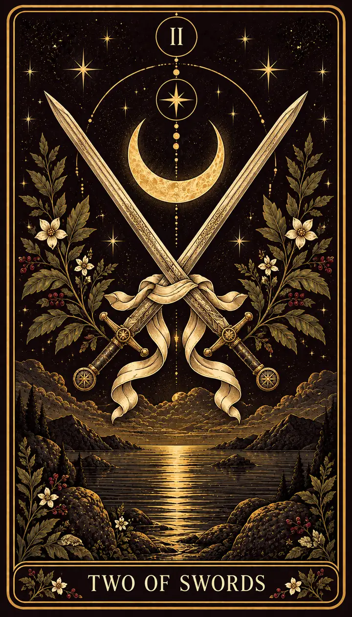 Two of Swords from the Gilded Garden deck