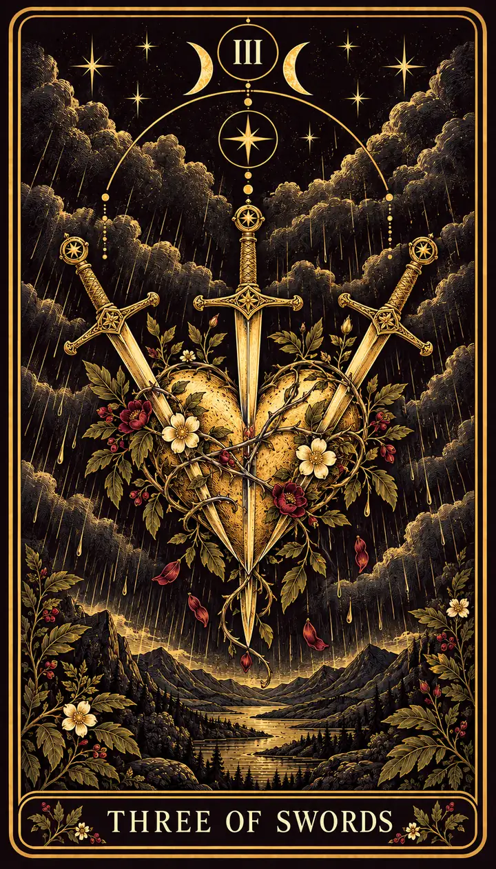 Three of Swords from the Gilded Garden deck