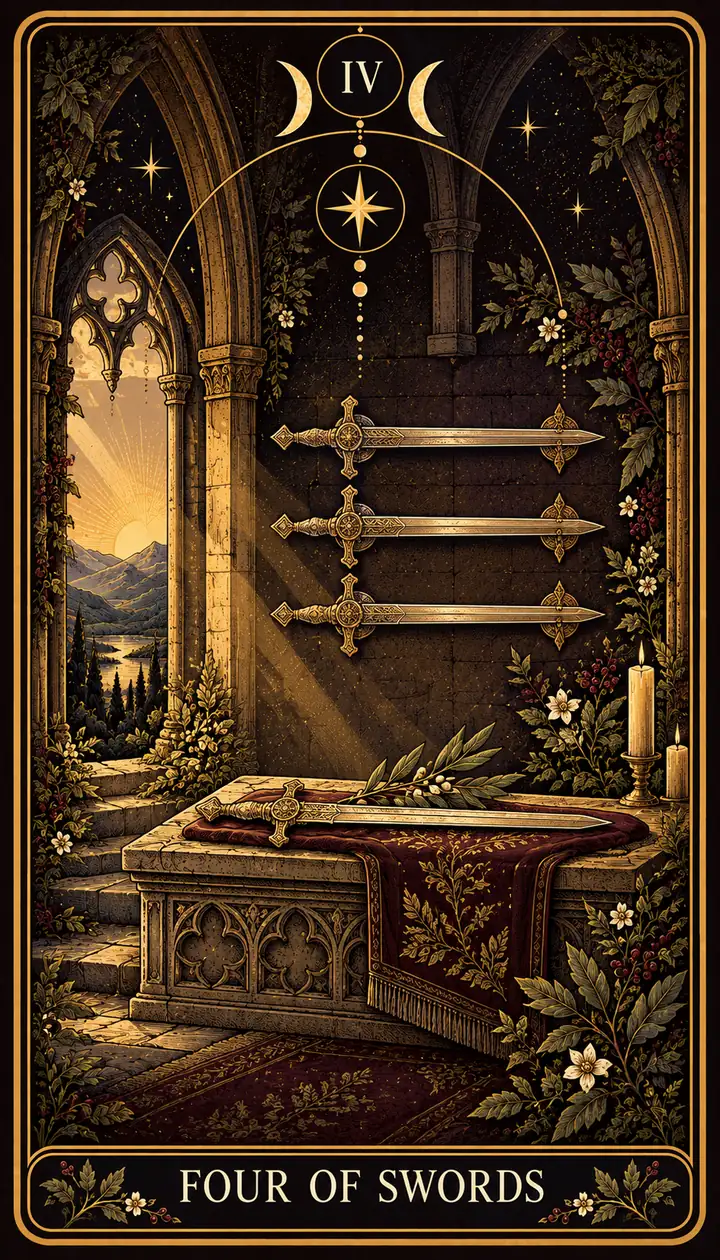 Four of Swords from the Gilded Garden deck
