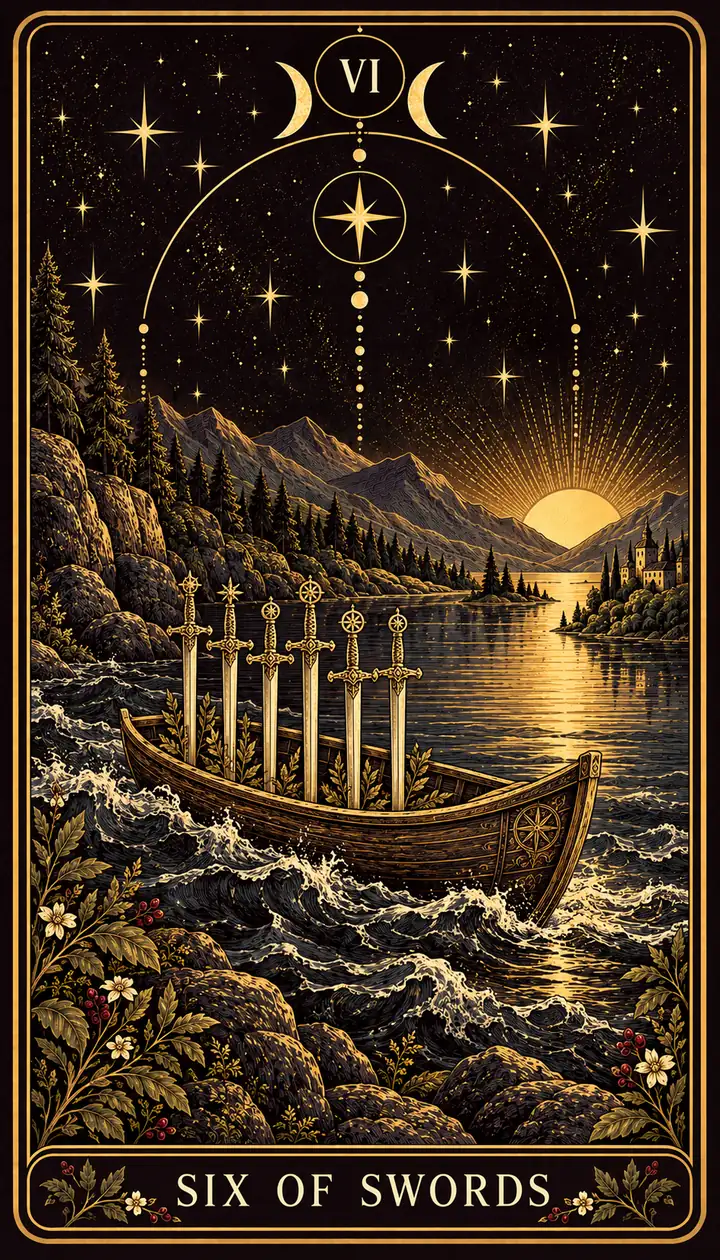 Six of Swords from the Gilded Garden deck