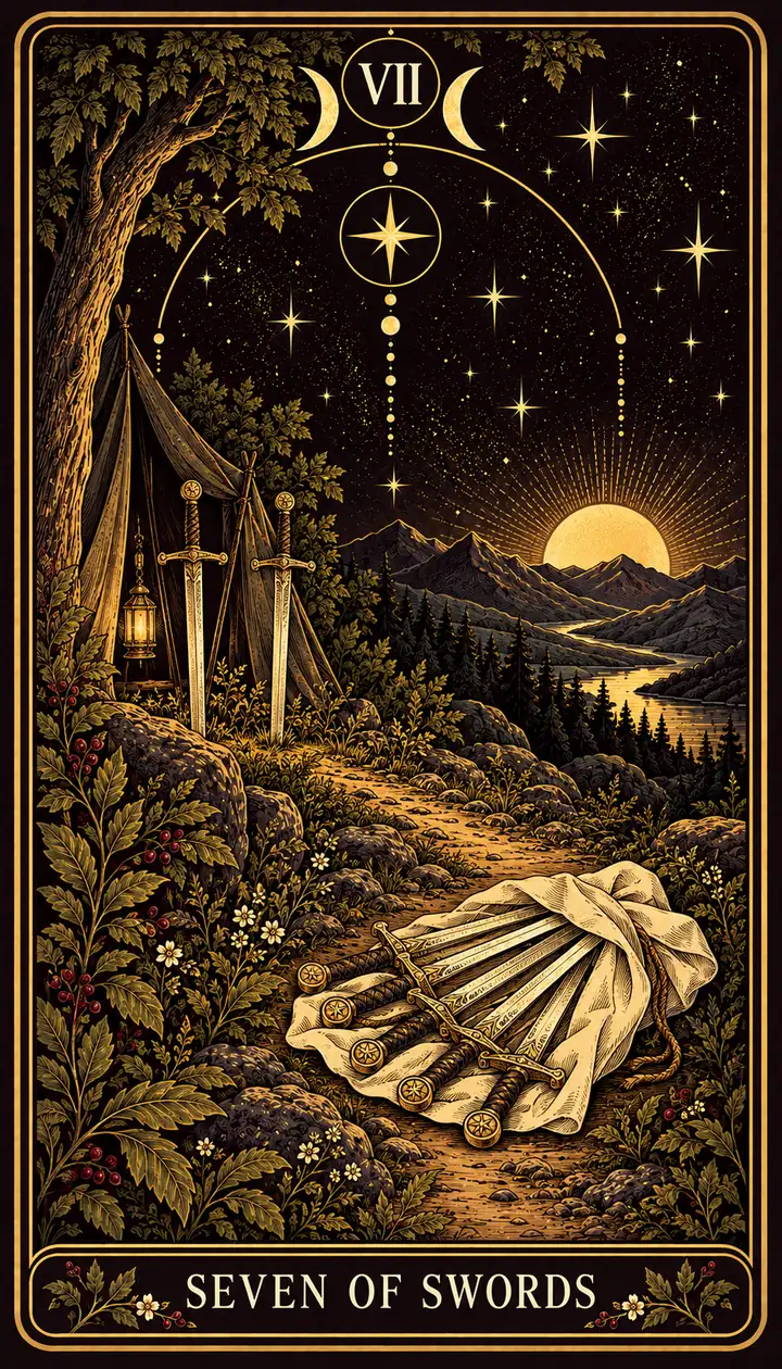 Seven of Swords from the Gilded Garden deck