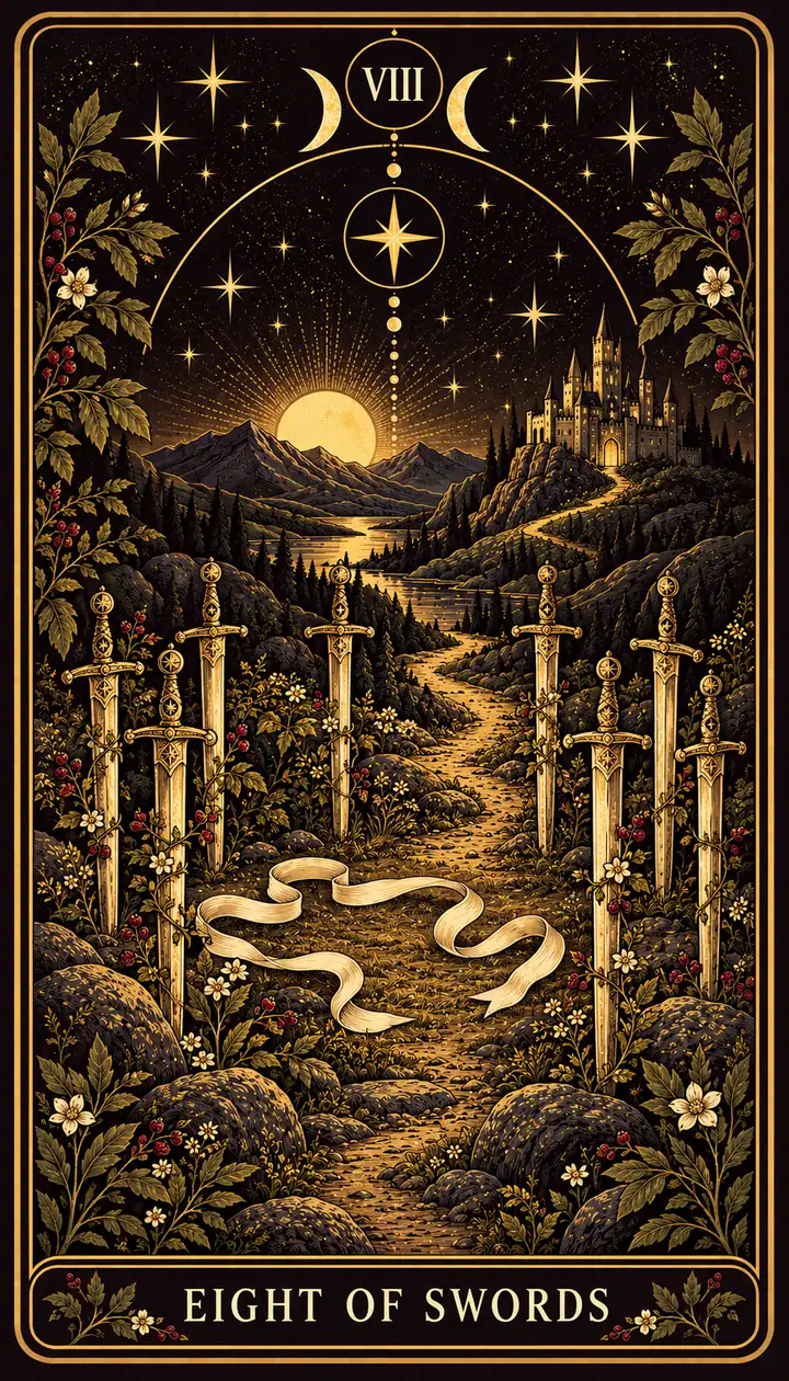 Eight of Swords from the Gilded Garden deck