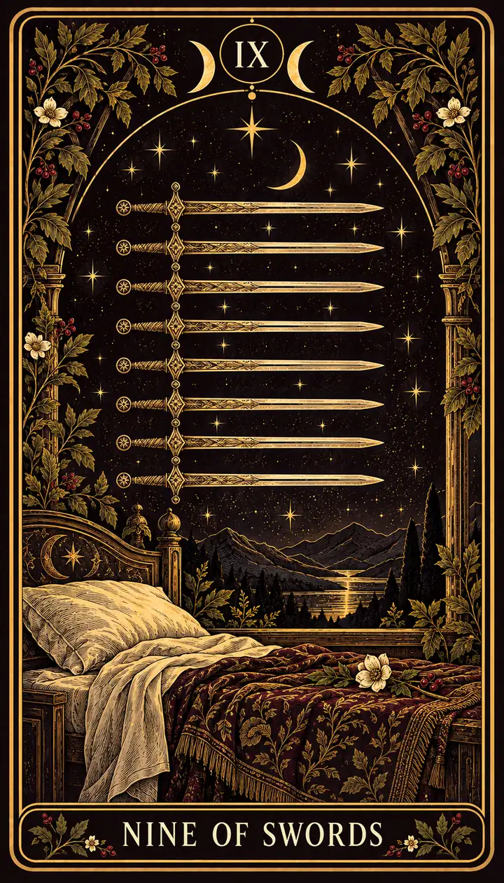 Nine of Swords from the Gilded Garden deck