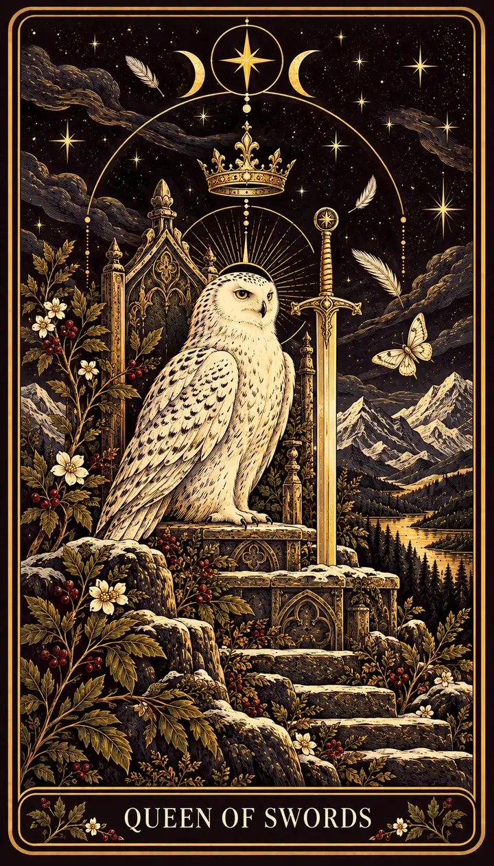 Queen of Swords from the Gilded Garden deck