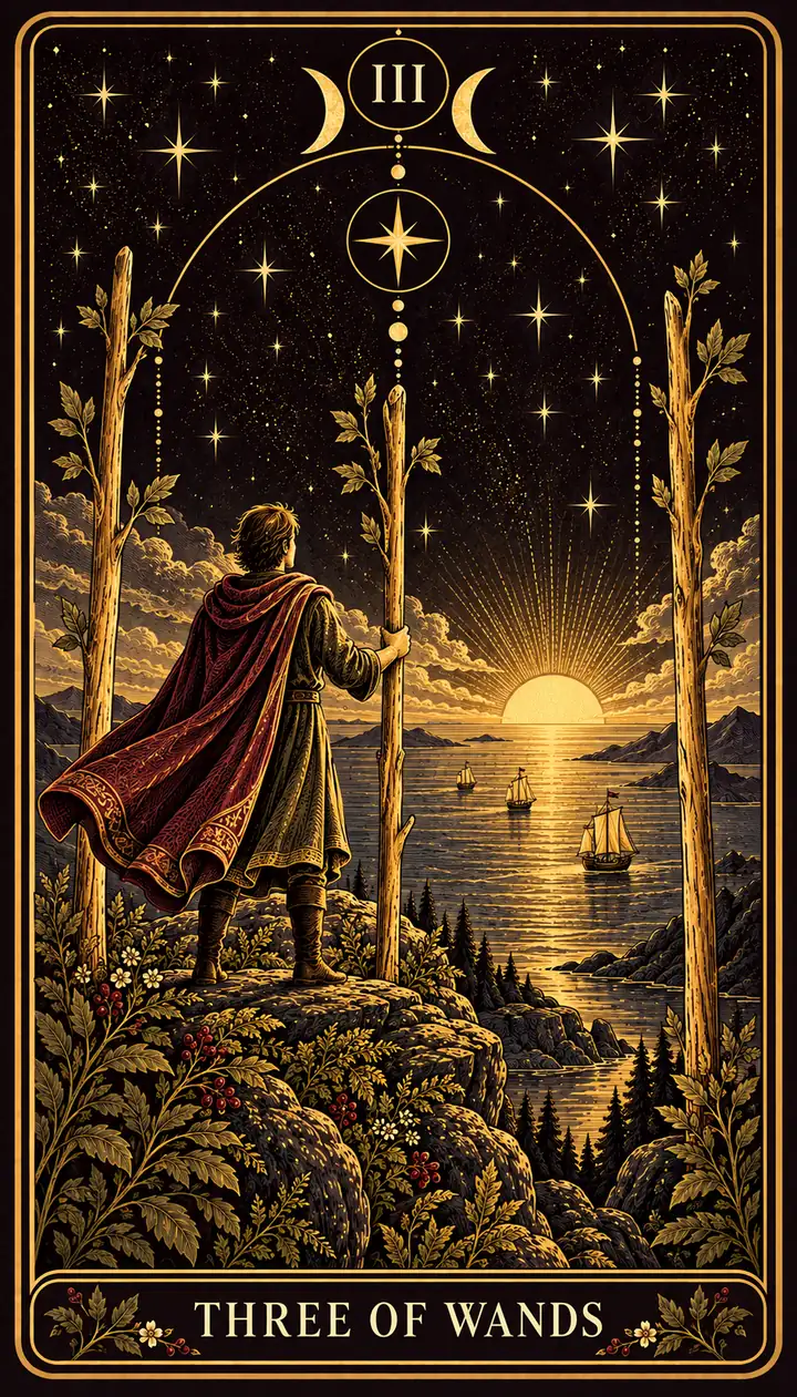 Three of Wands from the Gilded Garden deck