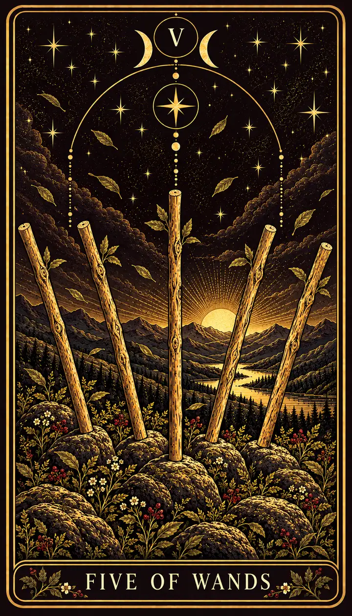 Five of Wands from the Gilded Garden deck