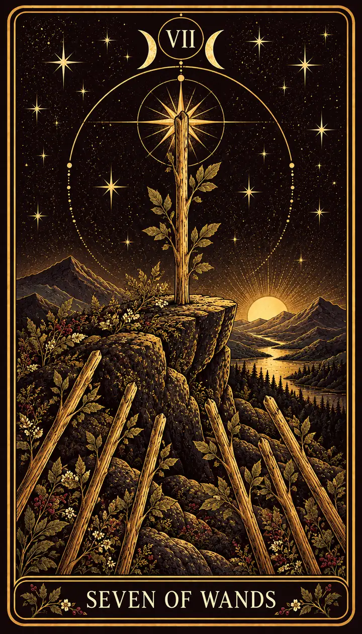 Seven of Wands from the Gilded Garden deck