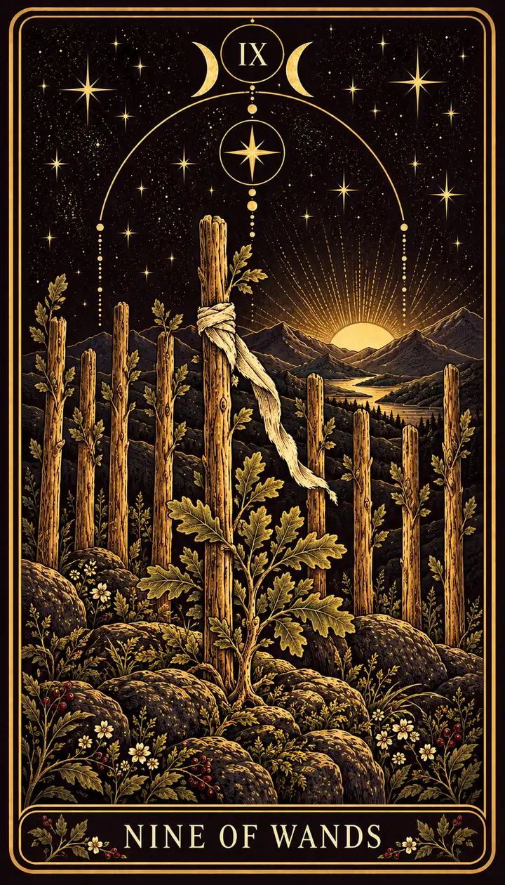 Nine of Wands from the Gilded Garden deck